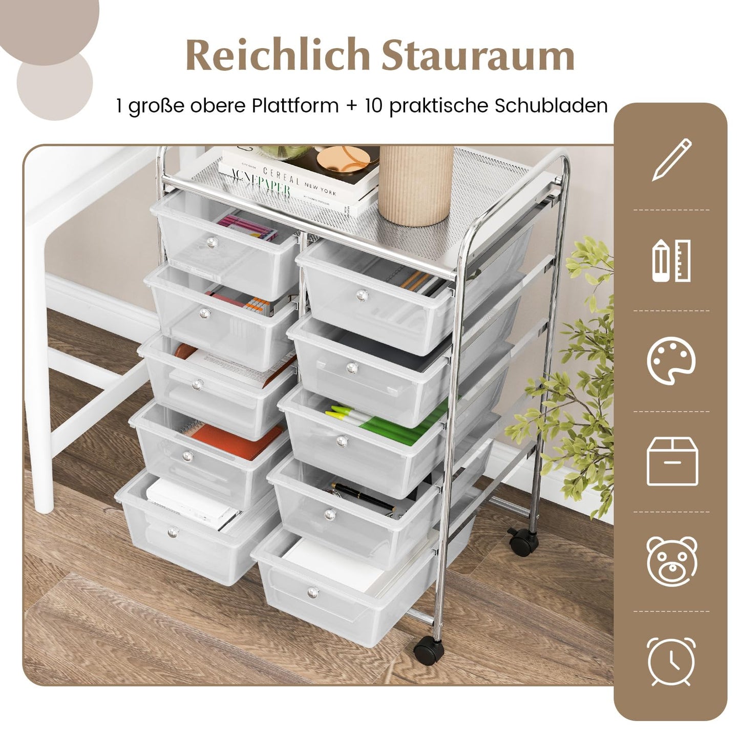 COSTWAY rolling cart with 10 stackable drawers, drawers cart with metal frame and shelf, bathroom trolley storage cart for office, living room, 65.5 x 37 x 87 cm.
