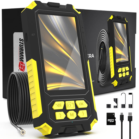 Industrial endoscope with dual camera, 10-meter cable, and 4.5-inch IPS display.