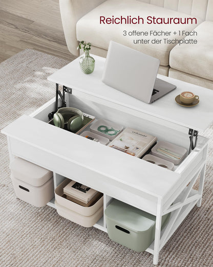 VASAGLE Coffee Table, Adjustable Living Room Table, Open and Hidden Storage, X-Struts, 60 x 100 x (48-62) cm, Snow White-White LCT205W46
