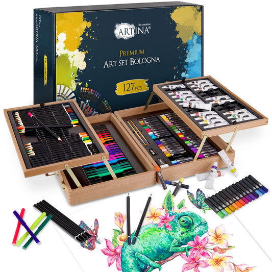 Artina 127-piece painting set Bologna XXL artist set with FSC wood painting case - acrylic paints, watercolor paints, colored pencils, pastel pencils, fineliners, pencils - large drawing set with storage for beginners