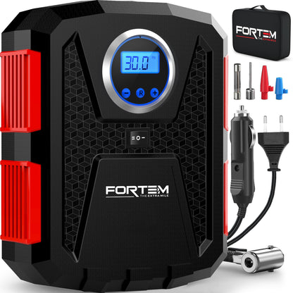 FORTEM Portable Compressor for Car Tires, 230V Adapter, 12V Car Tire Pump, and electric bike pump with LED light - Digital Tire Pressure Gauge Automatic Pump/Shut Off.