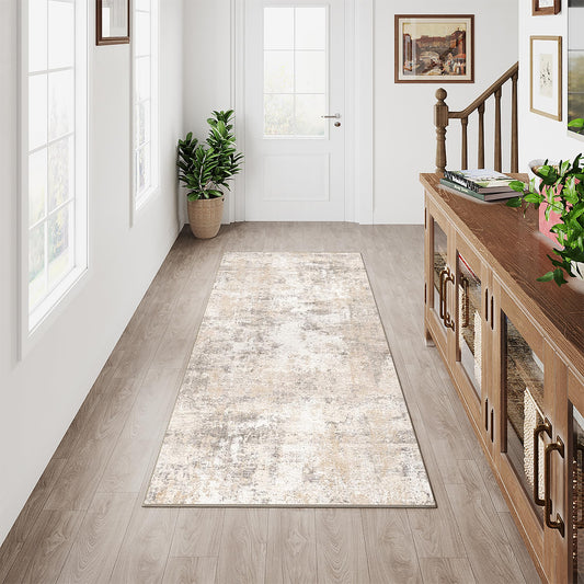 HUGEAR Washable Runner Rug Hallway 60 x 180cm Beige Grey Modern Abstract Kitchen Living Room Bedroom Carpets Rug Runner Non-Slip Low Pile Soft Hallway Runner Rug Bedside Rug