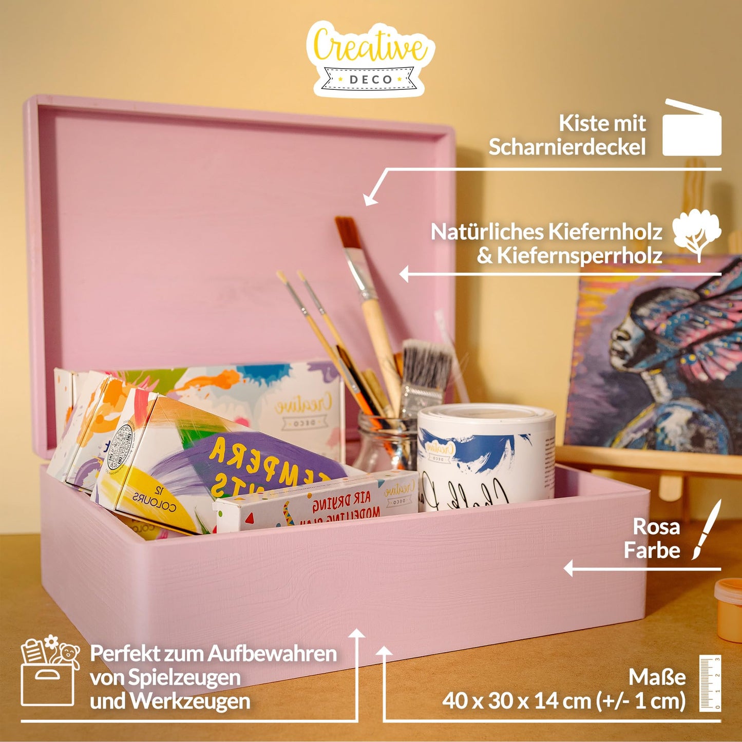 Creative Deco XL Pink Large Wooden Box with Lid | 40x30x14 cm (+/- 1cm) | Memory Box Baby Wood Box with Lid Painted Case | For documents, toys, Christmas | RAW & UNSANDED