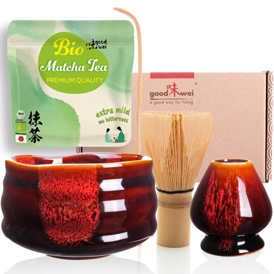 Goodwei BIO Matcha from Japan in the Matcha set complete with high-quality Matcha bowl made of ceramic, Matcha whisk, and whisk holder | Gift set for tea ceremony (Akai)