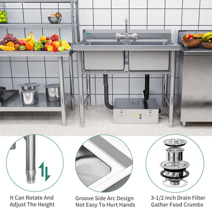 YITAHOME Kitchen Sink, Commercial Restaurant Sink, Portable, Freestanding, Catering Sink, Stainless Steel, Outdoor Double Basin Station, Sink for Hotel, Laundry Room, Basement, Garage