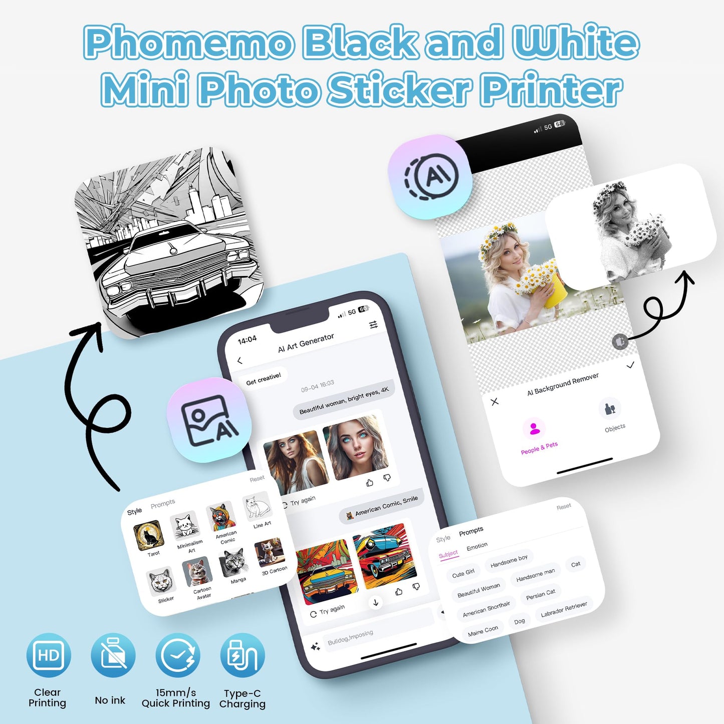 Phomemo T02 Mini Printer, photo printer for smartphones, with 1 roll of printing paper, 203dpi mobile sticker thermal printer, portable pocket inkless sticker printer for IOS & Android.