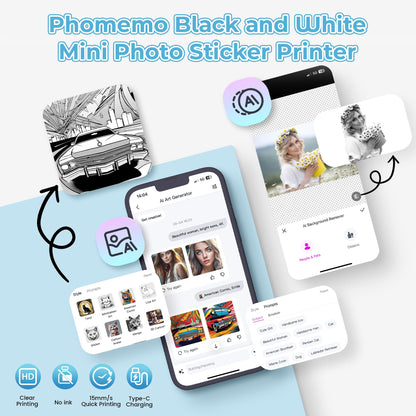 Phomemo T02 Mini Printer, photo printer for smartphones, with 1 roll of printing paper, 203dpi mobile sticker thermal printer, portable pocket inkless sticker printer for IOS & Android.