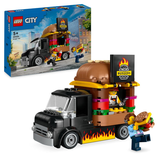 LEGO City Burger Truck, building set with toy car for 5-year-old kids & Creator 3in1 Low Loader with Helicopter, vehicle set with helicopter and truck toys.