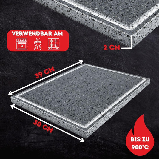 LAVIC HEART - THE ORIGINAL Italian Grilling Stone - Lava Stone, 39 x 30 x 2 cm thickness with grease drip tray, firebrick, natural, best grilling stone for pizza Made in Italy