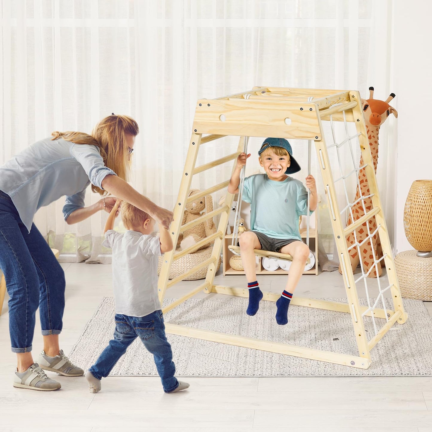 Indoor climbing frame for toddlers made of high-quality pine wood. Features a 7-in-1 set with climbing frame, triangular climbing ramp, slide, swing, rope ladder, rock wall, and dome.