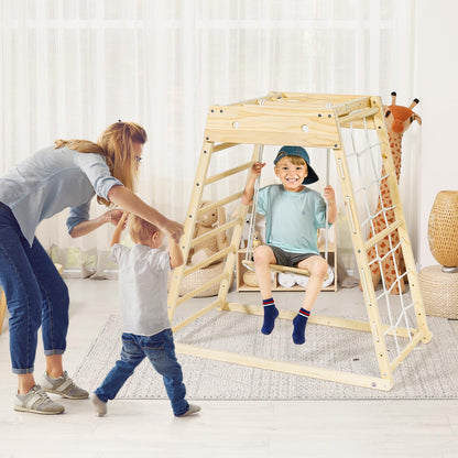 Indoor climbing frame for toddlers made of high-quality pine wood. Features a 7-in-1 set with climbing frame, triangular climbing ramp, slide, swing, rope ladder, rock wall, and dome.