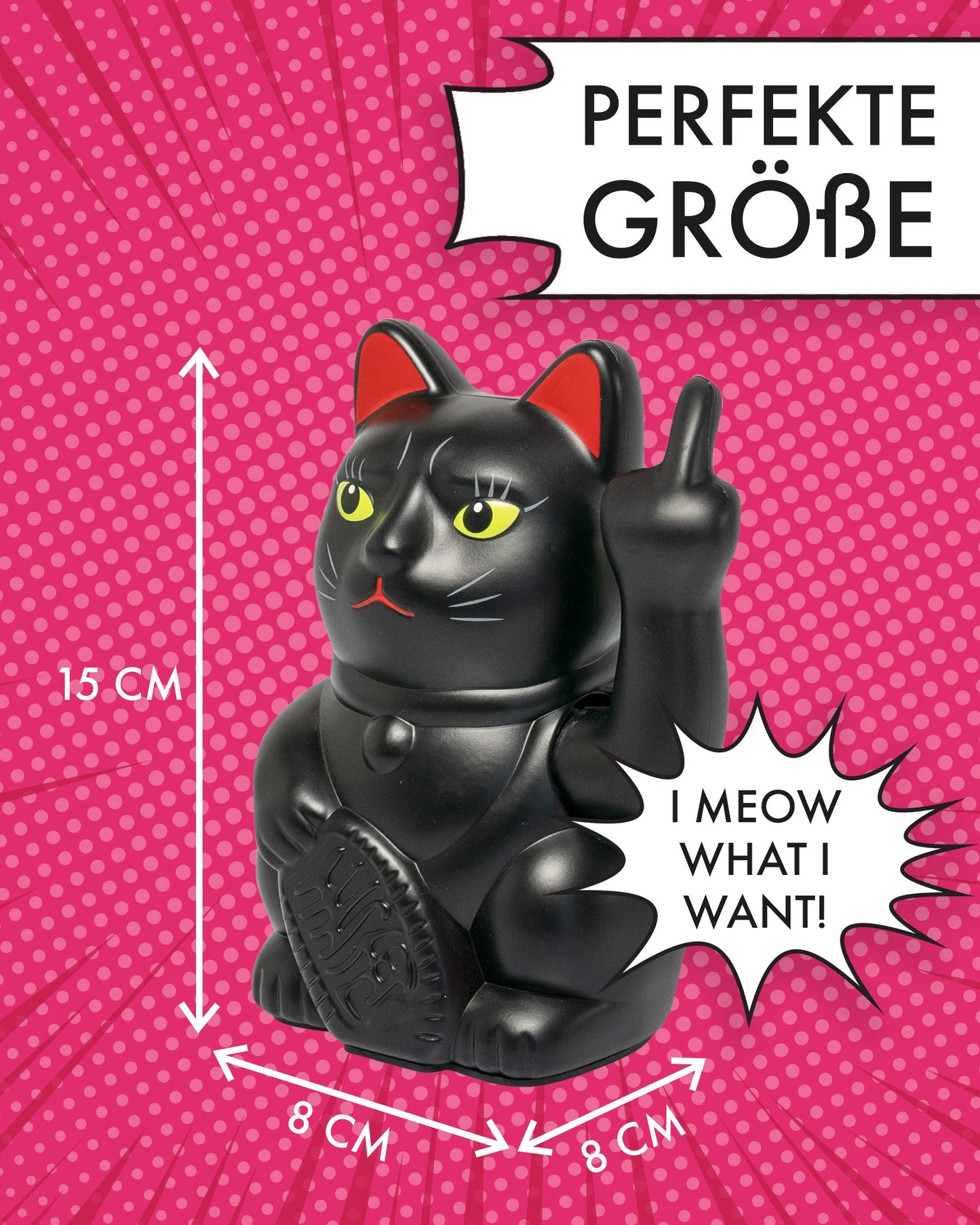 ANGRY CAT - Lucky CAT - Funny waving cat - Japanese waving cat with middle finger - Decorative wobble figure cat - Waving arm with middle finger - 15cm - BLACK-MATT
