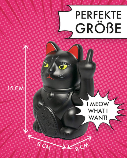 ANGRY CAT - Lucky CAT - Funny waving cat - Japanese waving cat with middle finger - Decorative wobble figure cat - Waving arm with middle finger - 15cm - BLACK-MATT