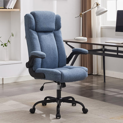 LIYURUI office chair with 150KG capacity, ergonomic design, adjustable headrest, fabric upholstery, swivel wheels, flip-up armrests, and 110° tilt function.