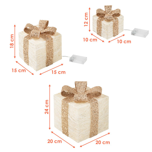 LED gift boxes with timer set of 3 - cream - Christmas decorative boxes illuminated in warm white - Christmas Advent winter tree decoration lighting battery operated