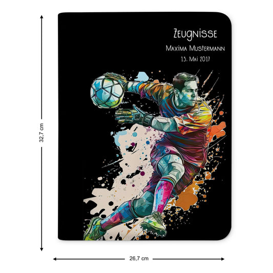 CreaDesign Customizable A4 school certificate folder for kids - 26.7 x 32.7 x 1 cm, expandable to up to 20 compartments, clear book without plastic sleeves, soccer boy goalkeeper design, document holder for students
