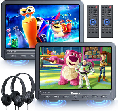 NAVISKAUTO 10.5-inch Car DVD Player with 2 Monitors, Built-in 5000mAh Battery, HDMI IN, Portable Car DVD Player TV for Backseat, Supports USB/SD Card, with Two Headphones.