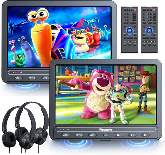NAVISKAUTO 10.5-inch Car DVD Player with 2 Monitors, Built-in 5000mAh Battery, HDMI IN, Portable Car DVD Player TV for Backseat, Supports USB/SD Card, with Two Headphones.