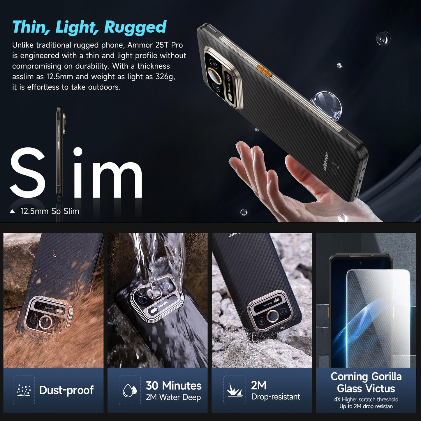 Ulefone Armor 25T Pro 5G outdoor phone with thermal imaging camera, 256GB+12GB/2TB Dimensity 6300 Android 14, 50MP+64MP night vision, 33W fast charging/6500mAh battery, 6.78" 120Hz IP68 smartphone, dual SIM, fingerprint sensor, NFC, 2-year warranty.