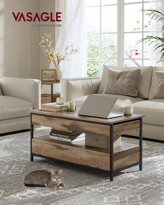 VASAGLE coffee table, adjustable living room table, with drawers, open compartment, 50 x 100 cm, camel brown-ink black LCT209K02