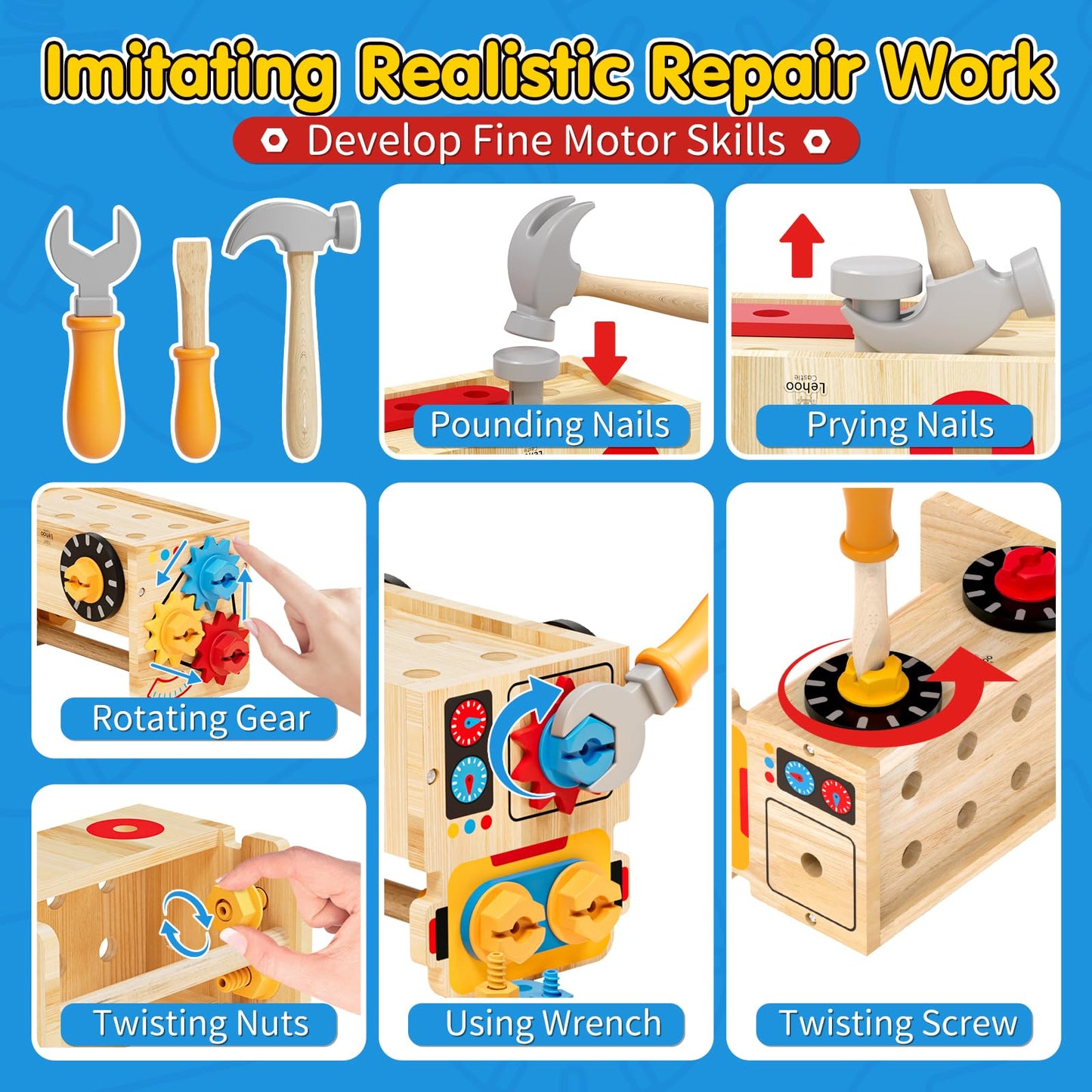 Lehoo Castle Tool Kit for Kids Workbench Children's Toy for Ages 2 and up, 29 Piece Children's Montessori Wooden Tool Toy, Gift for Boys and Girls Tool Motor Skills Learning Games 2 3 4 Years