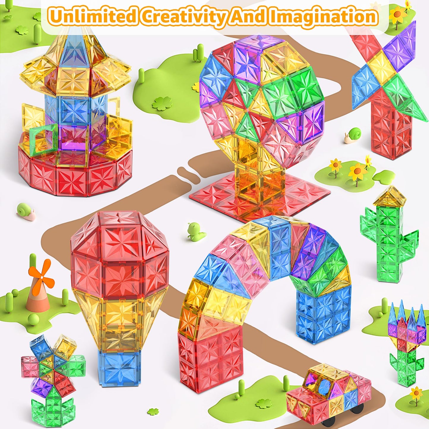 Perbabe Magnetic Building Blocks, 61 pieces magnetic blocks for kids with strong magnets. 3D educational STEM Montessori toy with cars. Perfect gift for 3-7 year olds.