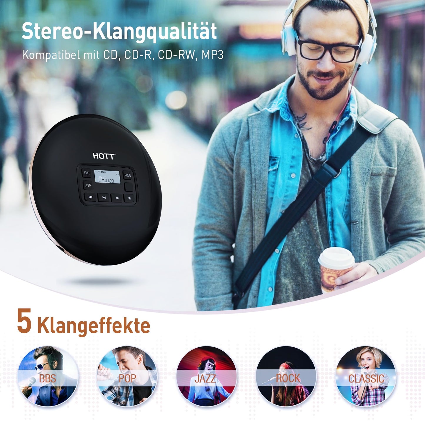 CD611 Portable CD Player with LCD Display Stereo Headphones, Anti-Skip/Anti Shock Protection, Discman CD Player, Portable CD Player with Headphone Audio/USB Cable for Car Home Travel (Black)