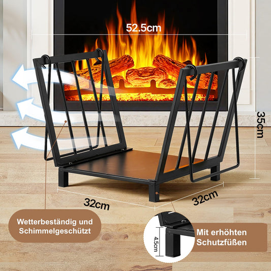 Amagabeli Firewood Basket 35 x 32 x 32cm Fireplace Wood Basket Metal Firewood Basket Wooden Cradle Fireplace made of steel with handle carrying basket for wood carrying basket wood carrier for wood stove log carrier