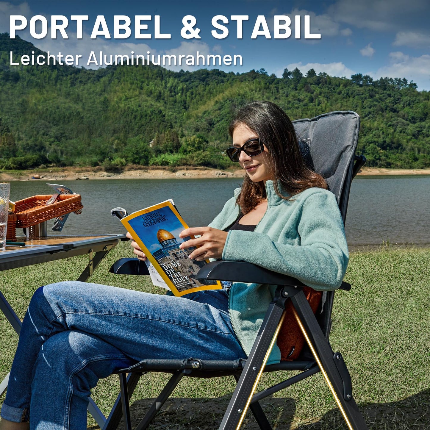 TIMBER RIDGE 2-person Camping Chair Foldable Compact Folded Size Camping Chair 150kg High Backrest with 4 Adjustable Positions with Bag Aluminum Recliner for Garden Balcony RV Grey