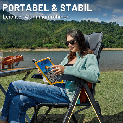 TIMBER RIDGE 2-person Camping Chair Foldable Compact Folded Size Camping Chair 150kg High Backrest with 4 Adjustable Positions with Bag Aluminum Recliner for Garden Balcony RV Grey