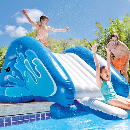 Intex 58849 - Inflatable water slide, 135 x 81 x 50 inches & Water play Floating Hoops, Multicolored, Ø 67 x 55 cm