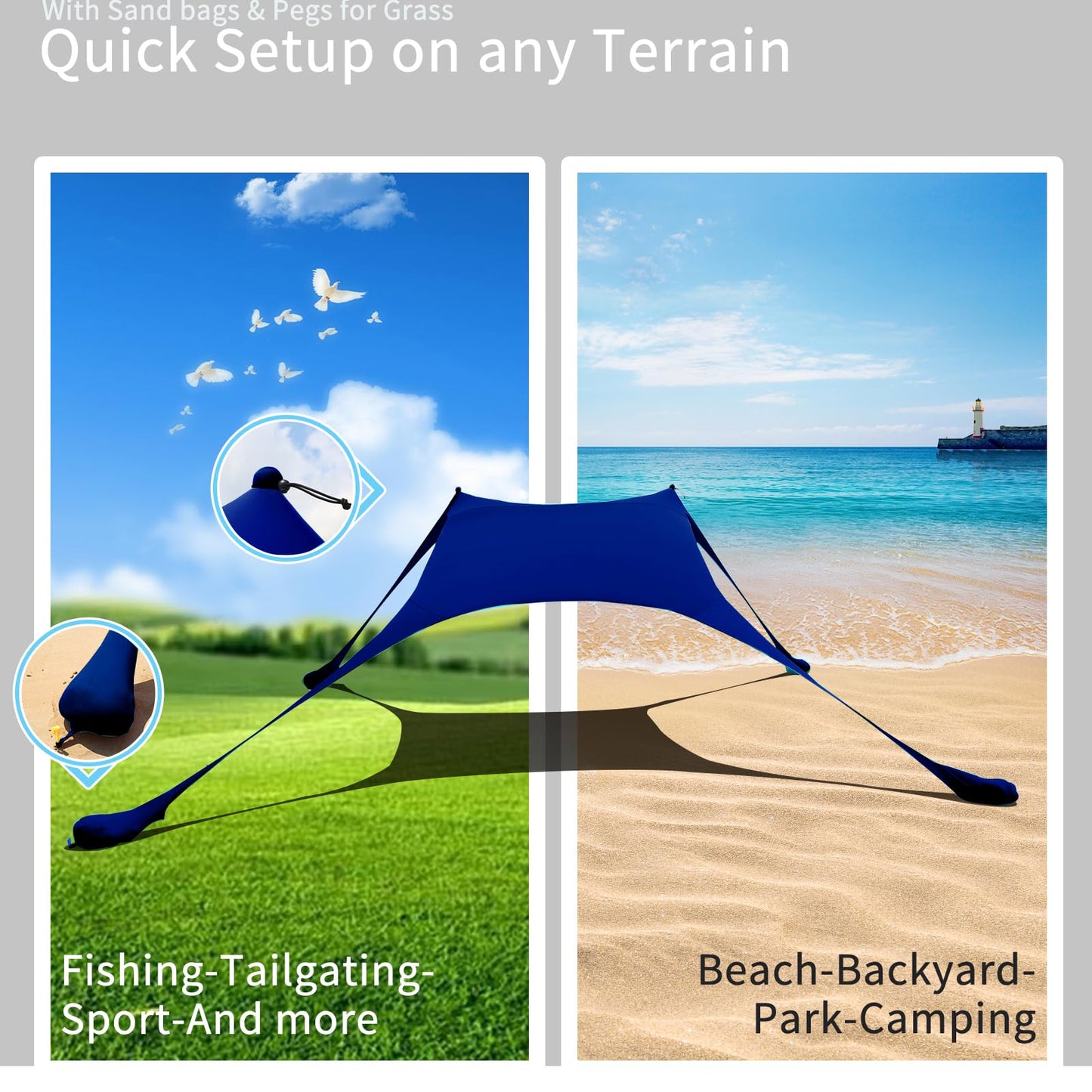 Cuupo Beach Tent, Pop-Up, 2x2.1m, SPF 50, Lycra, sun protection, outdoor, anti-wind, sun shelter with stability poles, backyard with beach blanket Navy Blue