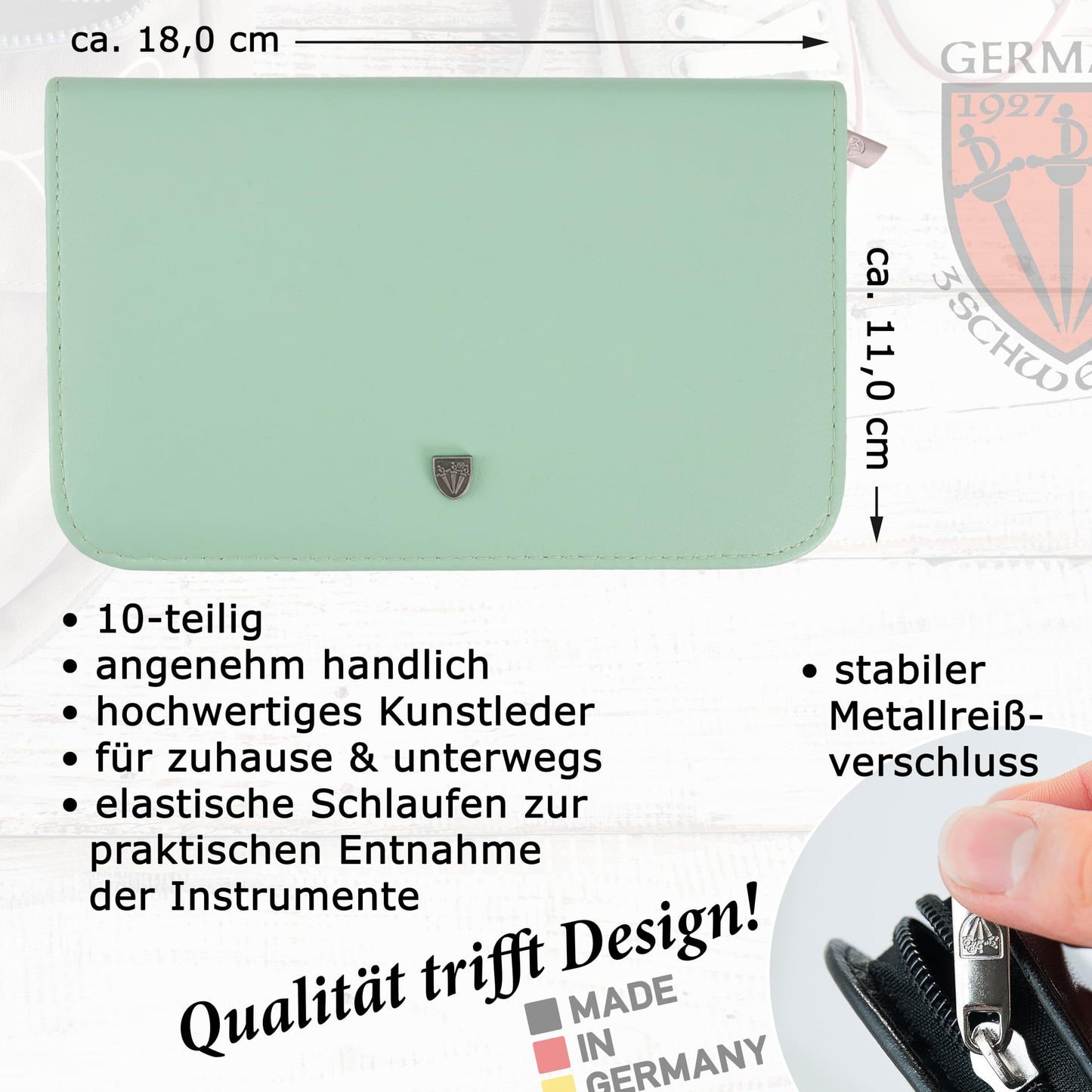 THREE SWORDS - Germany 10-piece Manicure Set 'Spezia' | Nail case in faux leather mint | Contents: Nail scissors, Cuticle scissors, Nail clippers, Tweezers, Glass nail file, and more