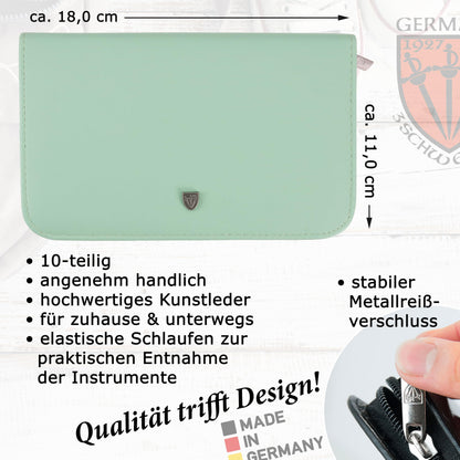 THREE SWORDS - Germany 10-piece Manicure Set 'Spezia' | Nail case in faux leather mint | Contents: Nail scissors, Cuticle scissors, Nail clippers, Tweezers, Glass nail file, and more