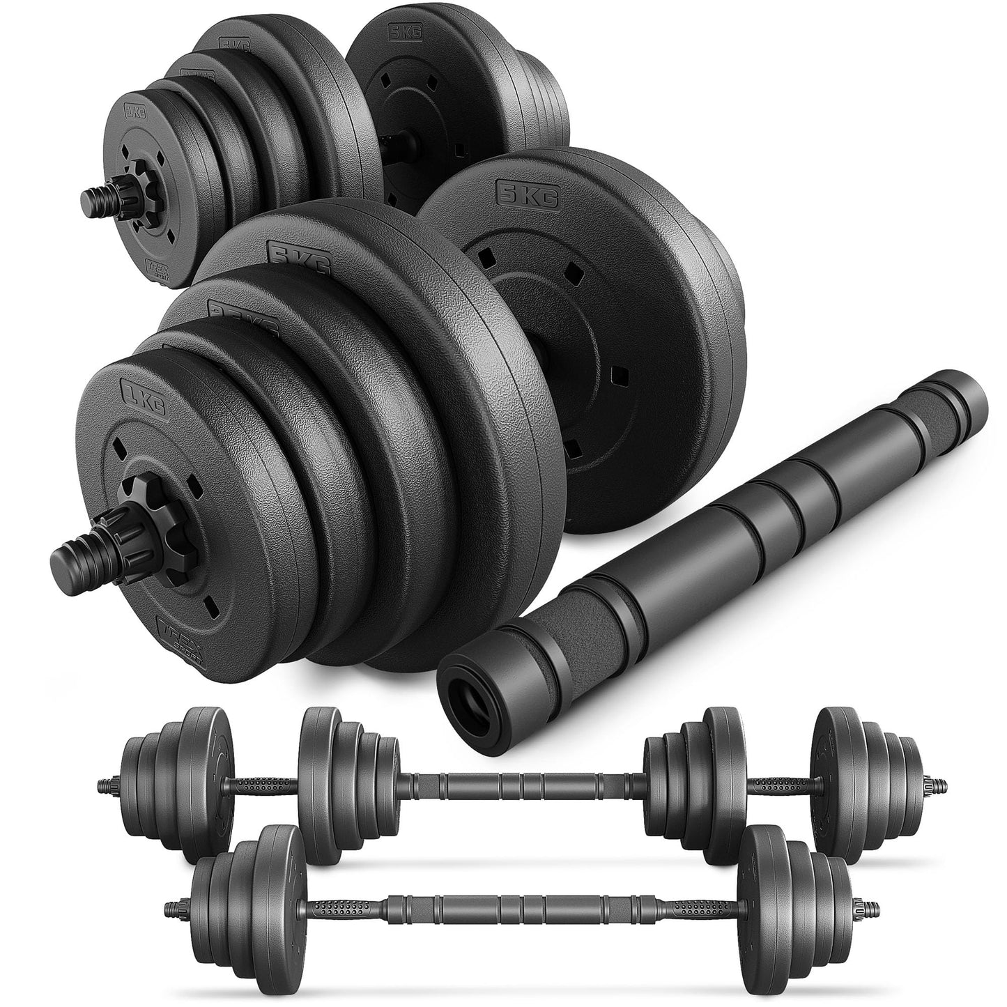 TREX SPORT Dumbbell Set | 2 sets of dumbbells & barbell | 20kg 40kg dumbbell set with connecting tube - 40kg (2x20kg)