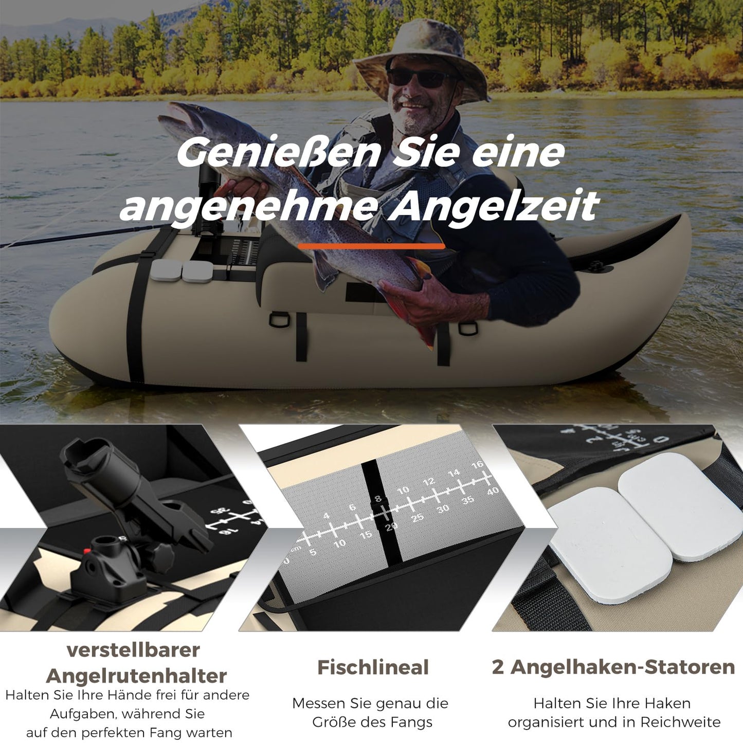 GOPLUS Belly boat, inflatable fishing boat with aluminum paddle, pump, fins, fish ruler, rod holder, and 2 shoulder straps. Supports up to 150kg, measures 135 x 109 x 54 cm. Beige+black color.