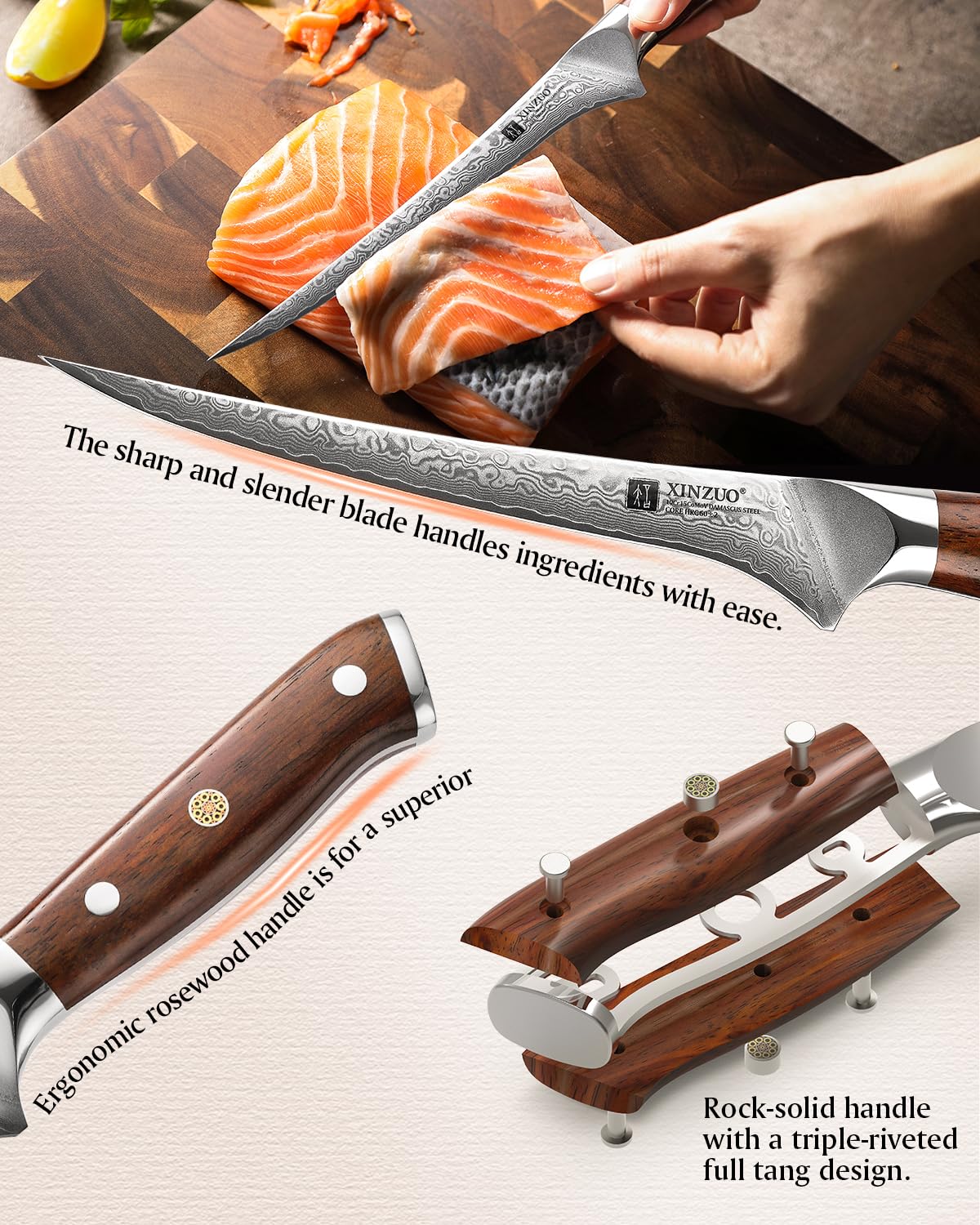 XINZUO 18cm Damascus Steel Fillet Knife, 67 Layers Damascus Fish Knife Professional Chef Knife, Damascus Fish Fillet Boning Knife for Kitchen -Ergonomic Rosewood Handle -with Gift Box