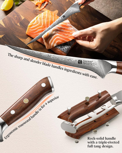 XINZUO 18cm Damascus Steel Fillet Knife, 67 Layers Damascus Fish Knife Professional Chef Knife, Damascus Fish Fillet Boning Knife for Kitchen -Ergonomic Rosewood Handle -with Gift Box
