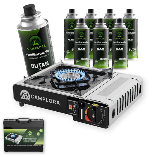 CAMPLORA gas stove + 8 gas cartridges + carrying case with piezo ignition - camping stove 2.2 kW - including safety shutdown - camping gas stove, camping cooker 1 burner MSF-1a