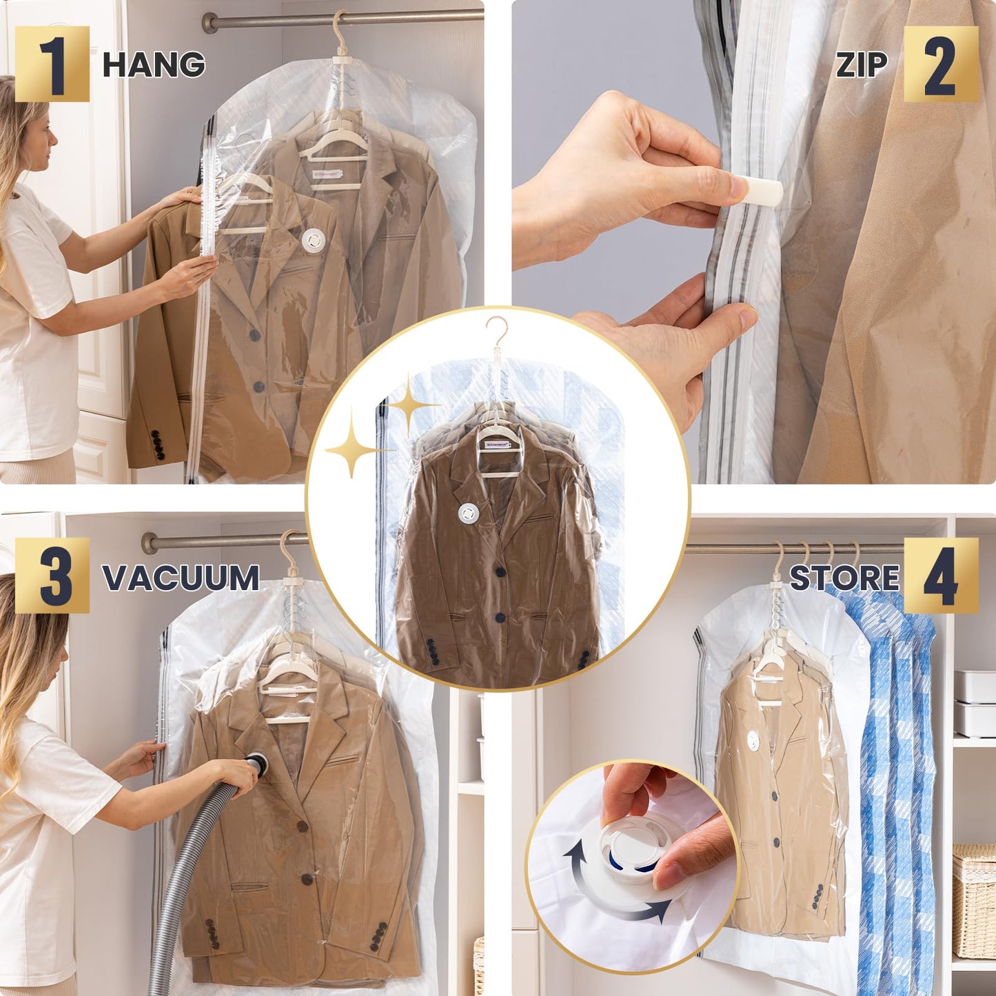 TAILI Hanging Vacuum Storage Bags for Clothes, 4 Pack (2 long 135x70cm & 2 short 105x70cm), Suit Vacuum Bags for Suits, Coats, Jackets, Blue Vacuum Bags