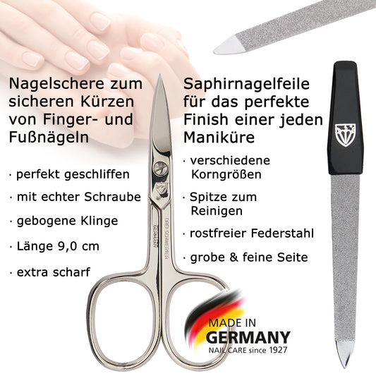 THREE SWORDS - 4-piece Nail Care Set 'Capri' | High-quality nail case for manicure and pedicure. Color: Genuine Leather Black | Contents: Nail scissors, nail clipper, tweezers, sapphire nail file