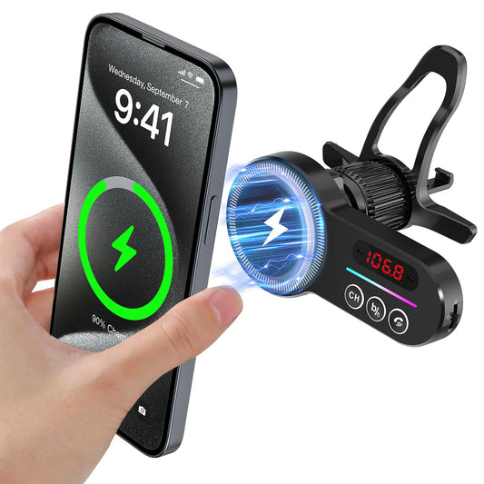 Gift for MagSafe Car Bluetooth Transmitter Mount, Black 20X Powerful Magnetic Phone Holder for iPhone, Bluetooth Car Adapter Hands Free, Easy to Install, 12 Months Warranty.