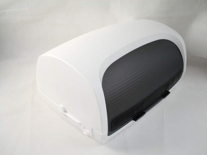 Tupperware bread box, lunch box, rectangular, white, black, 39.8 x 27.5 x 19.6 cm, 19,237.2 cubic centimeters, bread, bread box, food storage container.