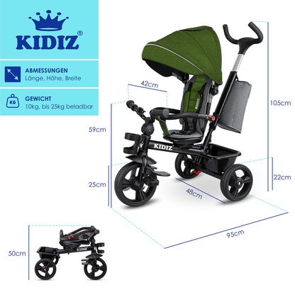 KIDIZ® 6in1 tricycle for kids with handlebar, suitable from 9 months up to 25kg. Jogger with forward & reverse drive, basket, bag, cup holder, sun canopy, rubber wheels. Foldable in khaki color.