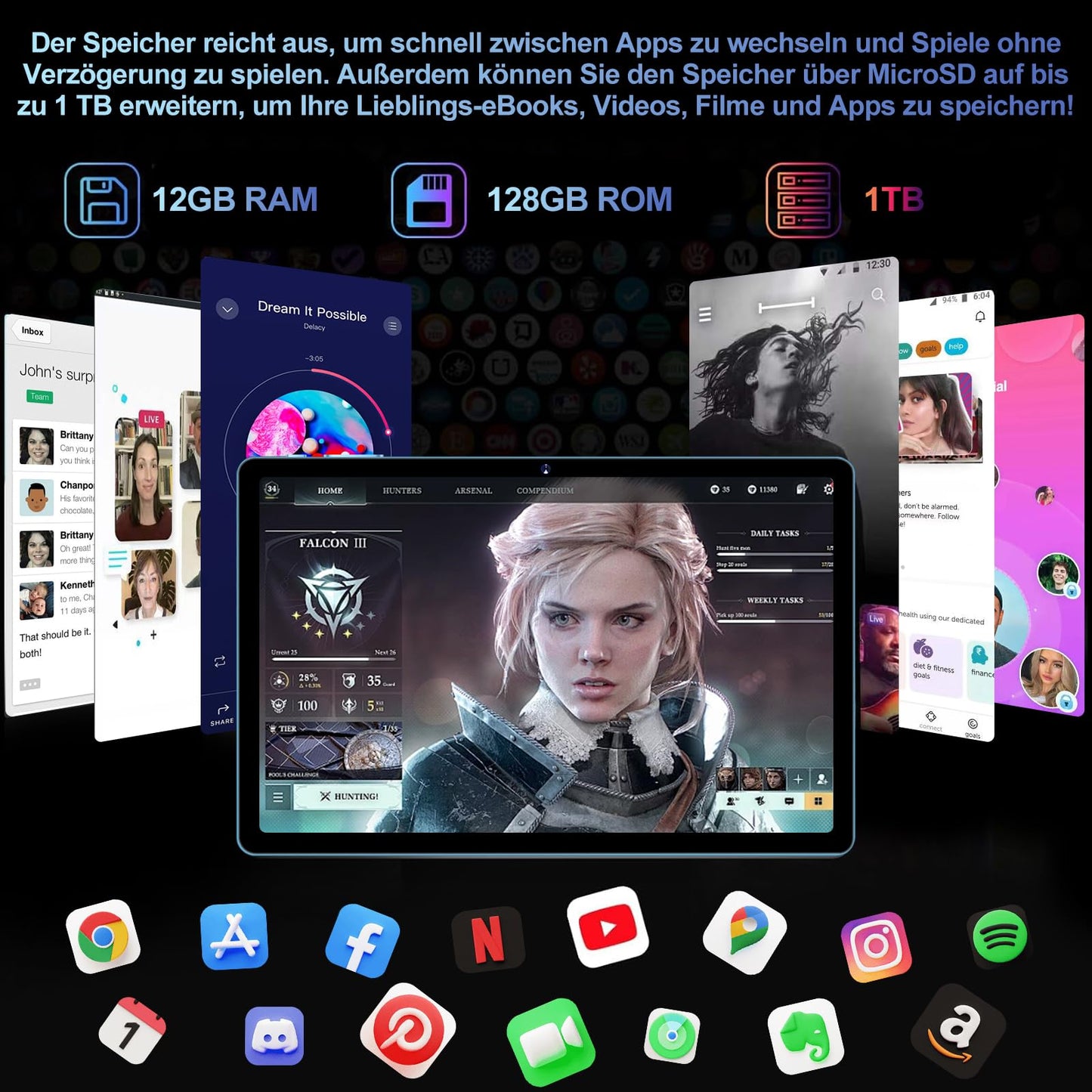 GOODTEL 2024 Latest 10 inch Android 13 Tablet with 12GB RAM+128GB ROM 1TB TF, 5G+2.4G WiFi, GPS, Bluetooth 5.0, 6000mAh, Dual Camera 8+5MP, Cast, OTG, Type C, with Case, Keyboard & Mouse (Blue)