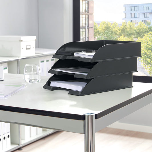 Leitz Set 2x Standard A4 Letter Tray + Letter Tray Drawer, Premium Quality Letter Tray, Stackable Desk Organizer, Compatible with Plus Series, Black, 52270095 + 52100095
