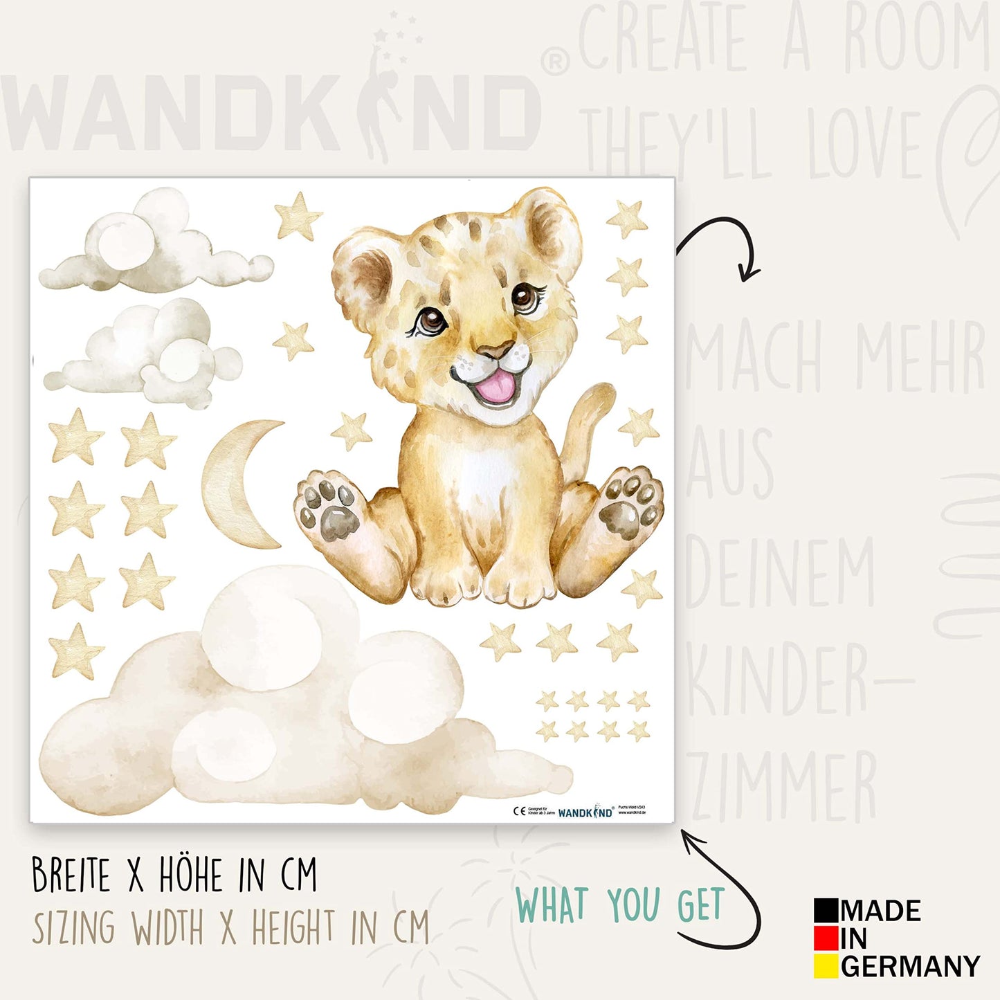 WALL CHILD Lion on the Cloud V273 | Hand-drawn | STICKER Nursery | Wall sticker for children's room with stars Baby lion Baby Safari (50 x 50 cm)