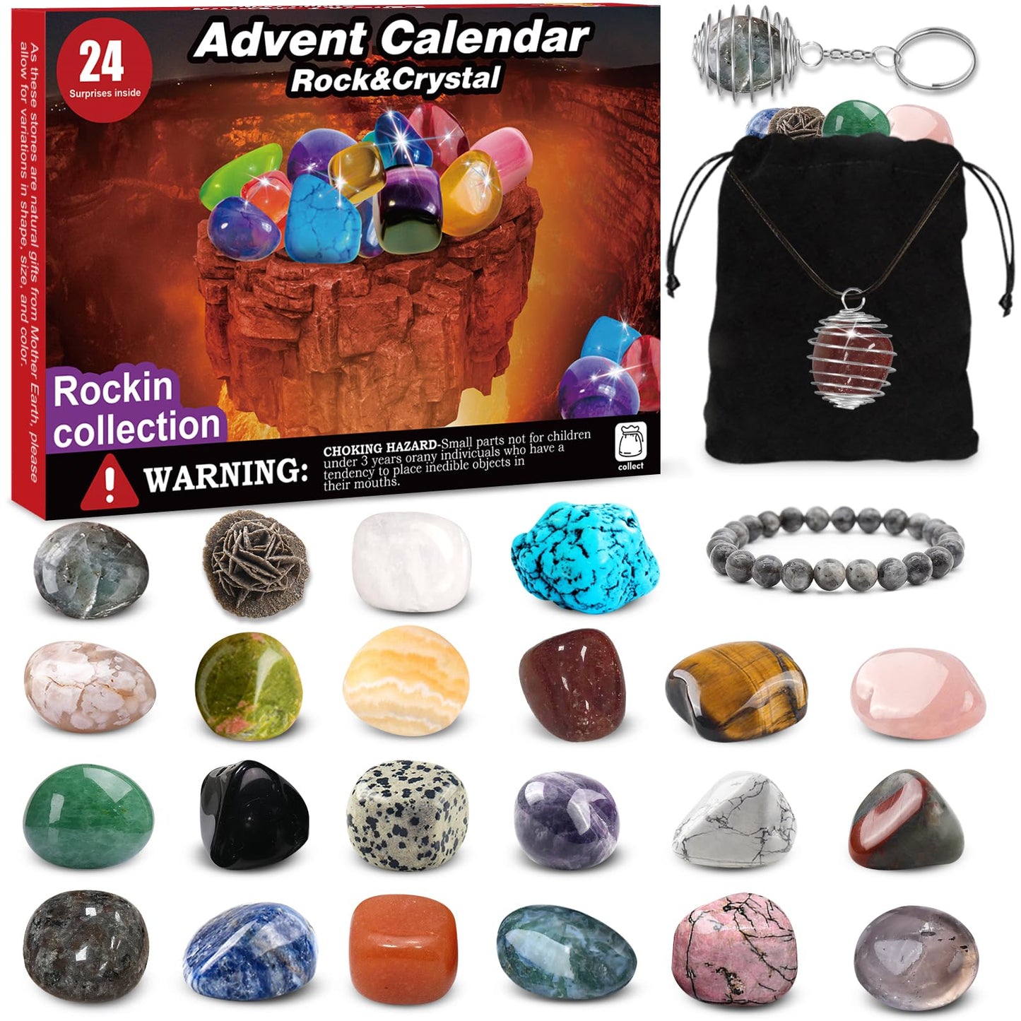 Advent calendar 2025 for kids: Crystals-24 day Christmas calendar with rocks and gemstones, gift idea for boys and girls geology enthusiasts.