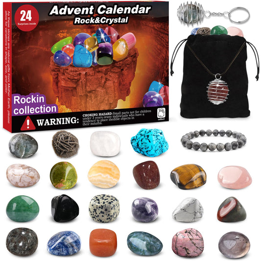 Advent calendar 2025 for kids: Crystals-24 day Christmas calendar with rocks and gemstones, gift idea for boys and girls geology enthusiasts.