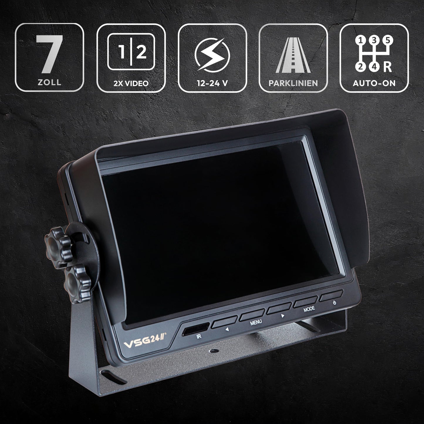 VSG24 Reversing Monitor Master - 7 inch screen, 2 camera inputs, trigger, distance lines, direct select buttons, 12-24V, rear view camera monitor for car, camper van, parking aid, reversing camera cable.